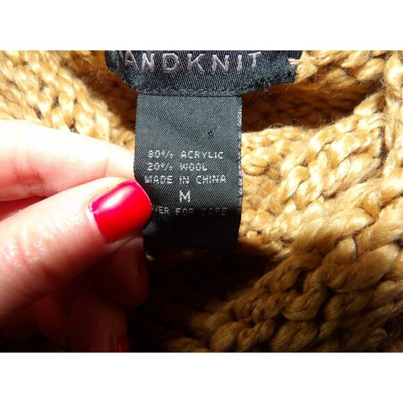 Express World Brand Handknit Wool Sweater Medium Tank Mock Neck Sleeveless Tan - Picture 11 of 11